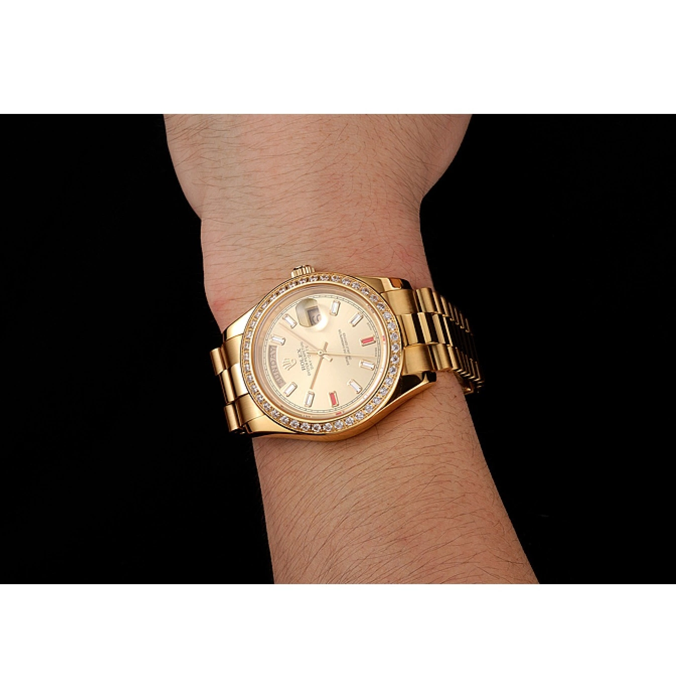 MiroTime 0801 Swiss Rolex Day-Date Diamonds And Rubies Champagne Dial Gold Bracelet 1454100